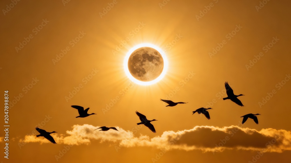 Obraz premium Birds flying during a solar eclipse