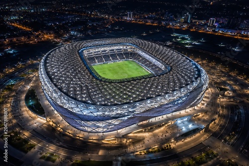 Drone aerial view of a football(Soccer) stadium glowing under floodlights at night, cinematic atmosphere, ultra-realistic sports photography                     