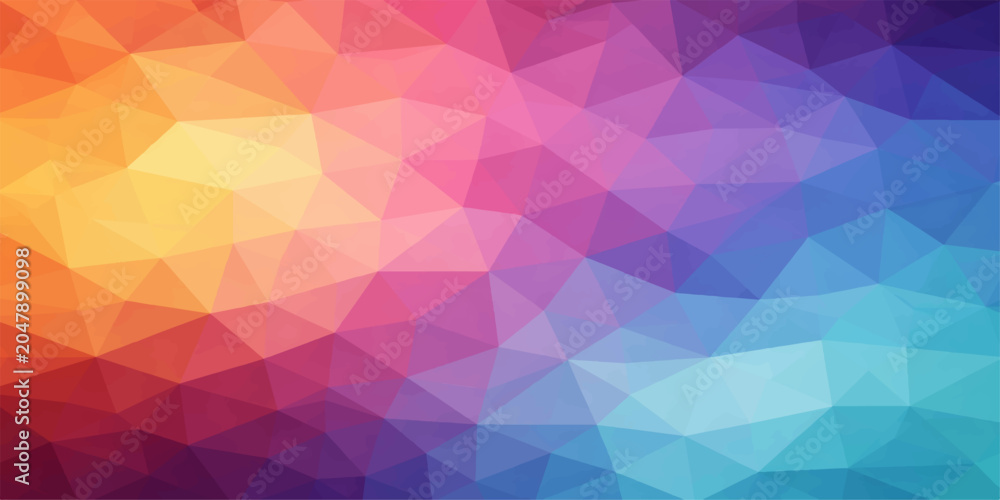 Obraz premium A vibrant geometric background composed of interconnected triangles in a stunning gradient of warm oranges, pinks, blues, and purples, creating a dynamic and modern abstract design.
