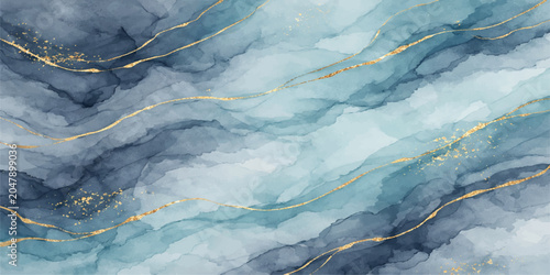 Fotografi Abstract flowing waves of blue and teal watercolors with delicate veins of gold shimmer, creating a serene and elegant visual texture