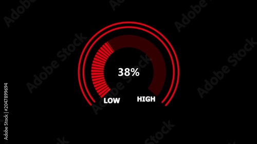Glowing digital gauges move from high overload to safe low levels, presentation template, needle, indicator, warning message, risk assessment icon from 100 to 0. tension indicator icon.4k motion video