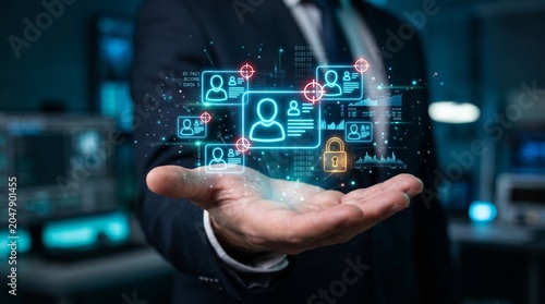 Businessman holding virtual identity profile network for cyber security data protection and target audience
