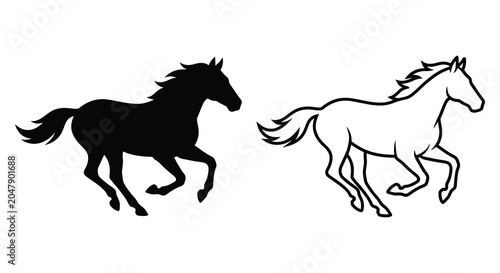 Horse Silhouette And Outline Black And White Graphic