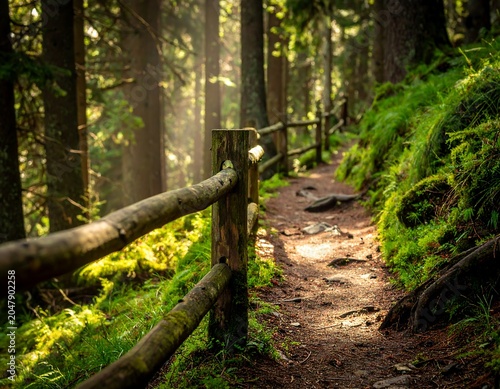 A serene forest path with a wooden fence and lush greenery under sunlight