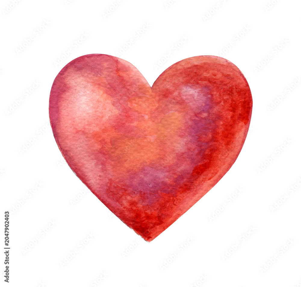 Fototapeta premium Hand painted watercolor red heart isolated on white background. Romantic love symbol for Valentine's Day, wedding invitations, greeting cards, anniversary designs, and romantic projects.