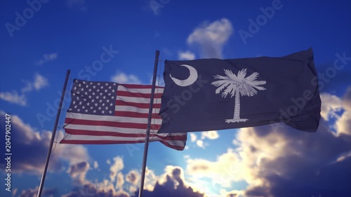 South Carolina Flag Beside United States Flag In Windy Evening Light
