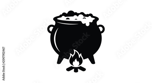 Black silhouette of a cauldron with fire isolated on a white background