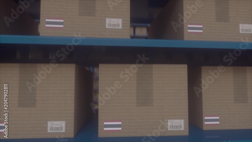 Cardboard Boxes With Thailand Labels On Warehouse Storage Shelves