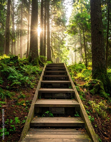A serene forest path with a wooden staircase leading through tall trees and lush greenery towards sunlight