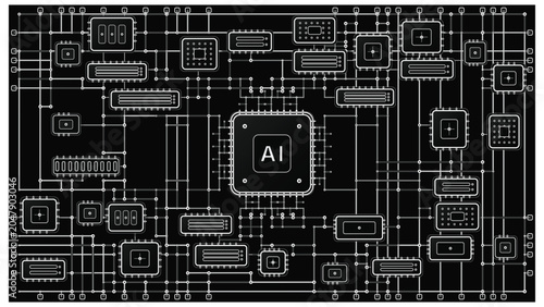 Black Circuit Board with Central AI Chip