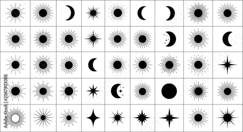 Black Celestial Silhouettes Grid of Sunbursts Moons and Stars