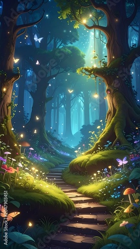 A serene forest path with lush greenery and vibrant flowers leads to a mystical, glowing background