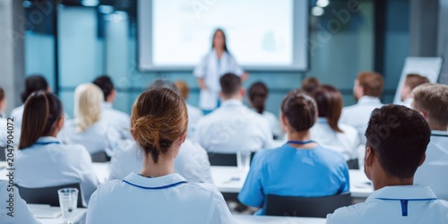 Medical professionals attending hospital training seminar in conference room for continuing education and clinical staff development