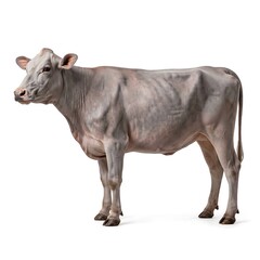 Photorealistic image of healthy dairy cow standing in profile view isolated on plain white background.