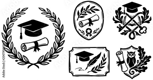 Elegant black and white vector illustration set featuring graduation caps scrolls and academic institutional emblems