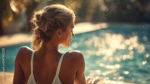 Young woman relaxing by swimming pool in golden hour