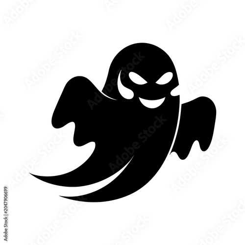 Foto Spooky black ghost silhouette illustration, halloween specter symbol isolated on white background with smiling face
