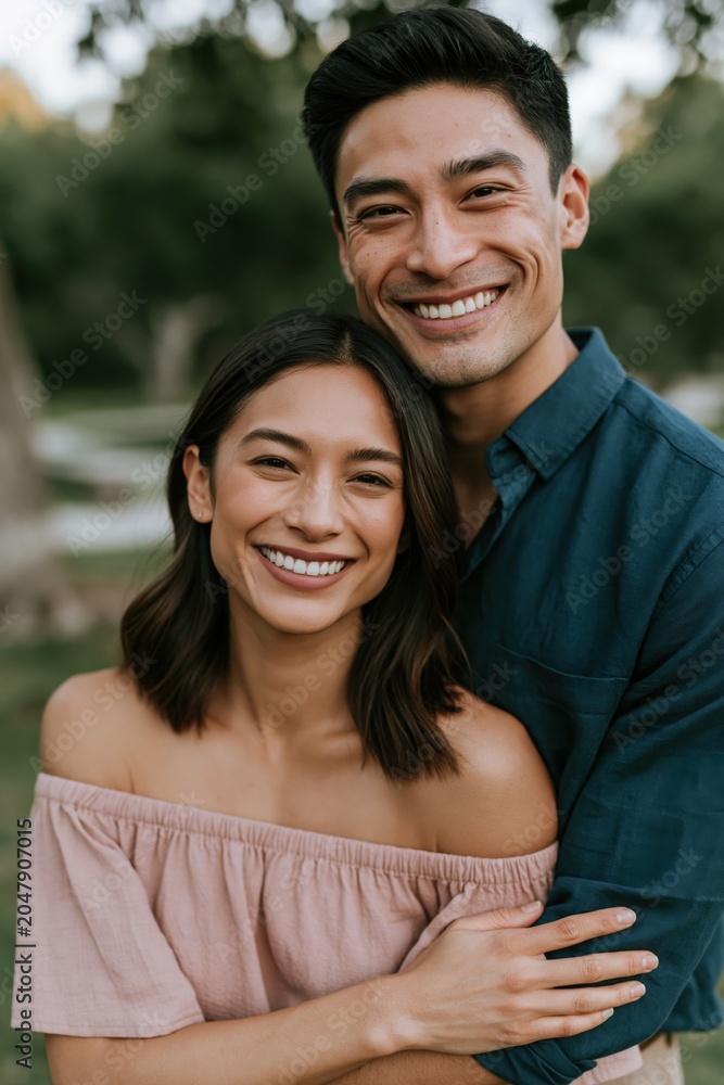 Naklejka premium Joyful smiling couple close up portrait outdoors with arms around each other for romantic relationship portrait and profile background