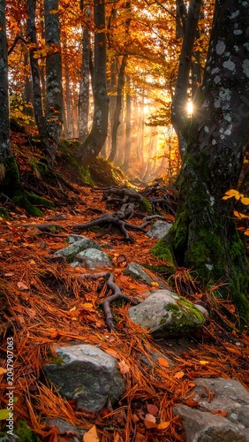 A serene forest path with sunlight filtering through trees, surrounded by orange leaves and moss-covered rocks