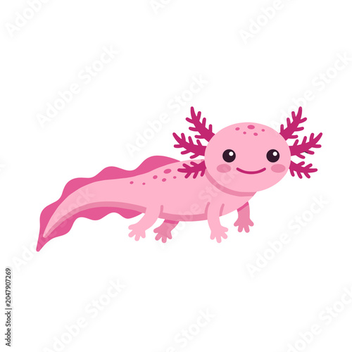 Cute Pink Cartoon Axolotl Smiling on White Background Minimalist Illustration