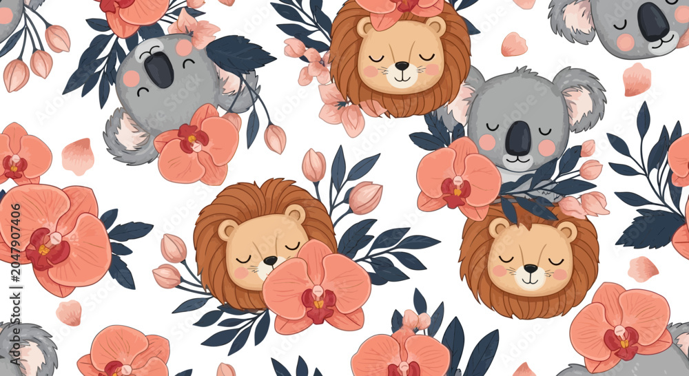 Obraz premium Animals Seamless Pattern Featuring Sleepy Koalas and Lions Nestled Among Pink Orchids and Foliage