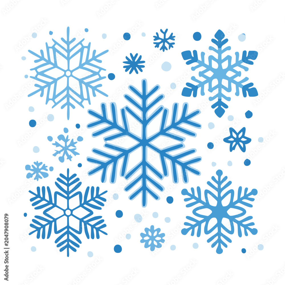 Fototapeta premium Collection of blue snowflakes and snow dots on white background