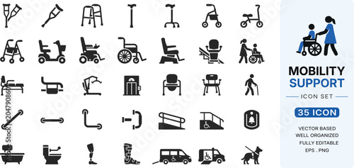 Mobility support icon set 35 vector icons for accessibility and disability needs