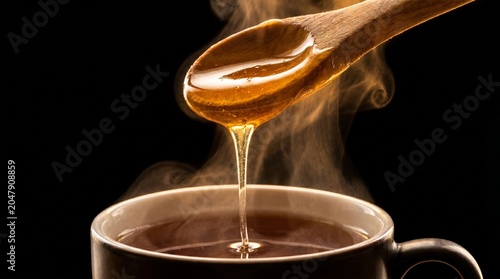 A close-up shot captures honey dripping from a wooden spoon into a steaming cup of tea. The rich golden liquid contrasts with the dark background, highlighting the warmth and comfort of the beverage