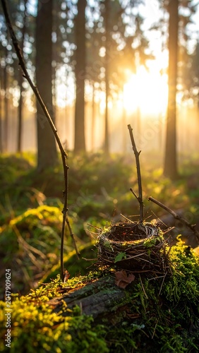 A serene forest scene at sunrise with mossy ground and trees