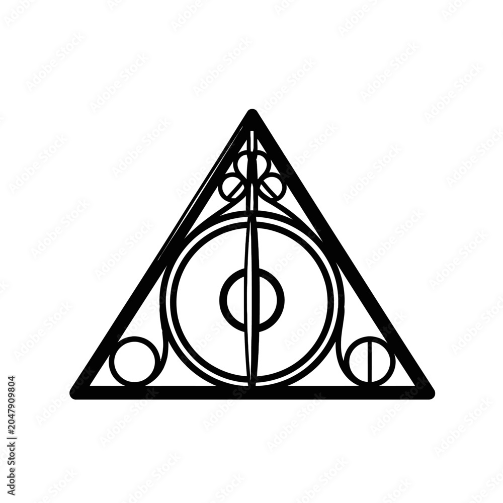 Naklejka premium Iconic Deathly Hallows Symbol Black Outline Graphic Illustration.
