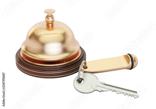Gold hotel service bell with room key, reception bell isolated on transparent background PNG