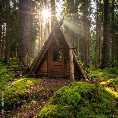 A serene forest scene features a small wooden A-frame structure