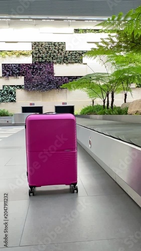 Bright pink suitcase positioned on a luggage carousel in a modern Changi Airport terminal. Empty conveyor belt. Checked baggage, travel by aircraft. Vertical footage