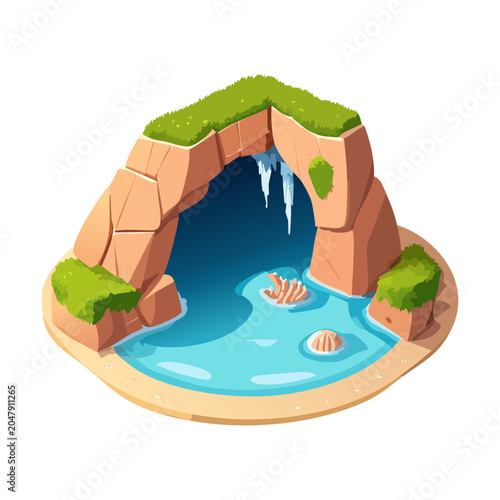 Tableau sur toile Isometric tropical island cave tile with an opening leading to a clear blue wate