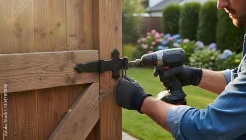 Close-up of a man repairing a wooden garden gate using a cordless drill screwdriver for a home improvement concept, diy backyard renovation