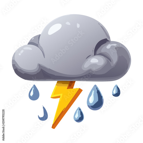 Εκτύπωση καμβά Isometric thundercloud tile with intense lightning bolt and thick raindrops fall