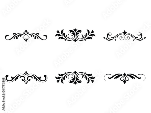 Set of six black floral decorative dividers with swirls and leaves isolated on a white background for projects