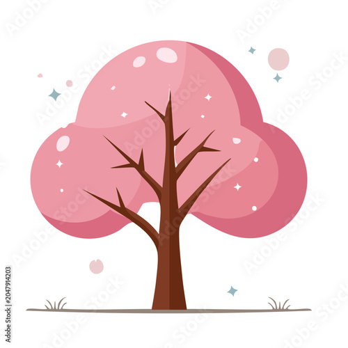Stylized pink tree with grass and stars