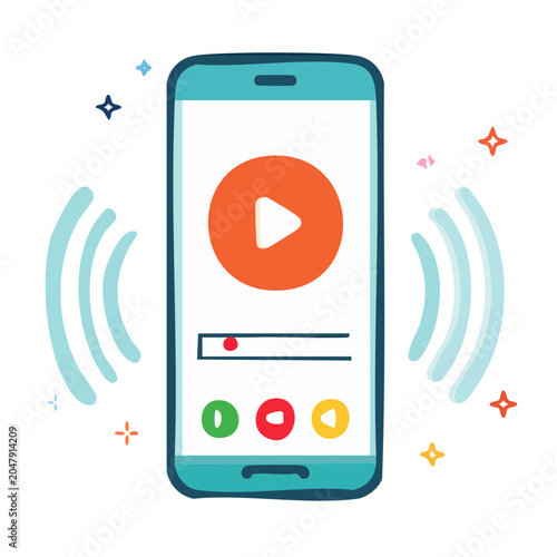 Smartphone with play button and controls, flat design illustration