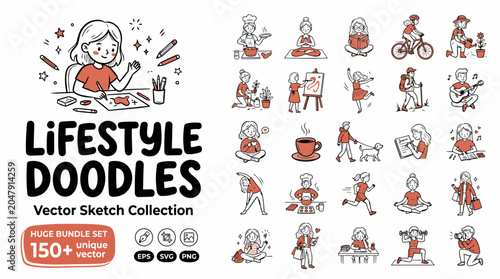 Lifestyle doodles, vector illustrations, sketch collection, daily life icons