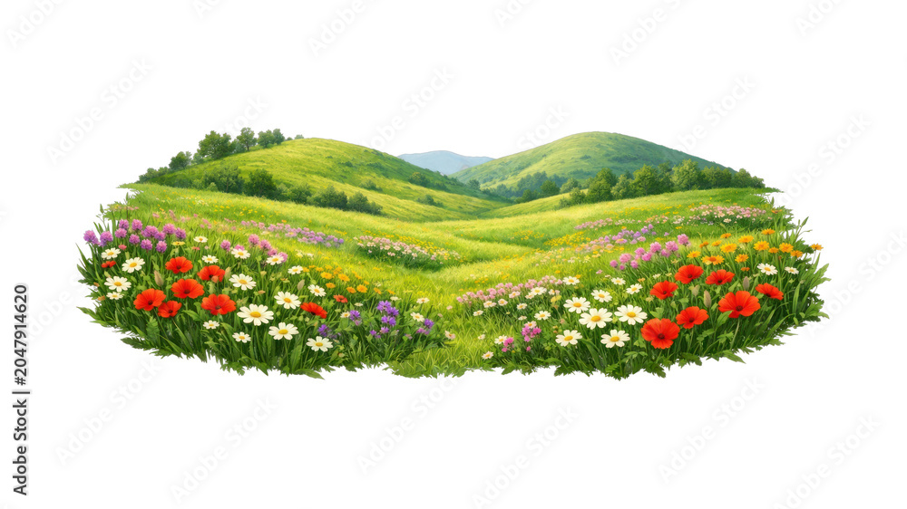 Naklejka premium Vibrant floral meadow landscape illustration.