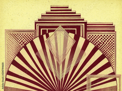 Risograph Print - Burgundy Gold Art Deco Geometry.