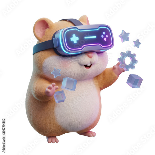Hamster wearing VR headset playing game isolated on transparent background