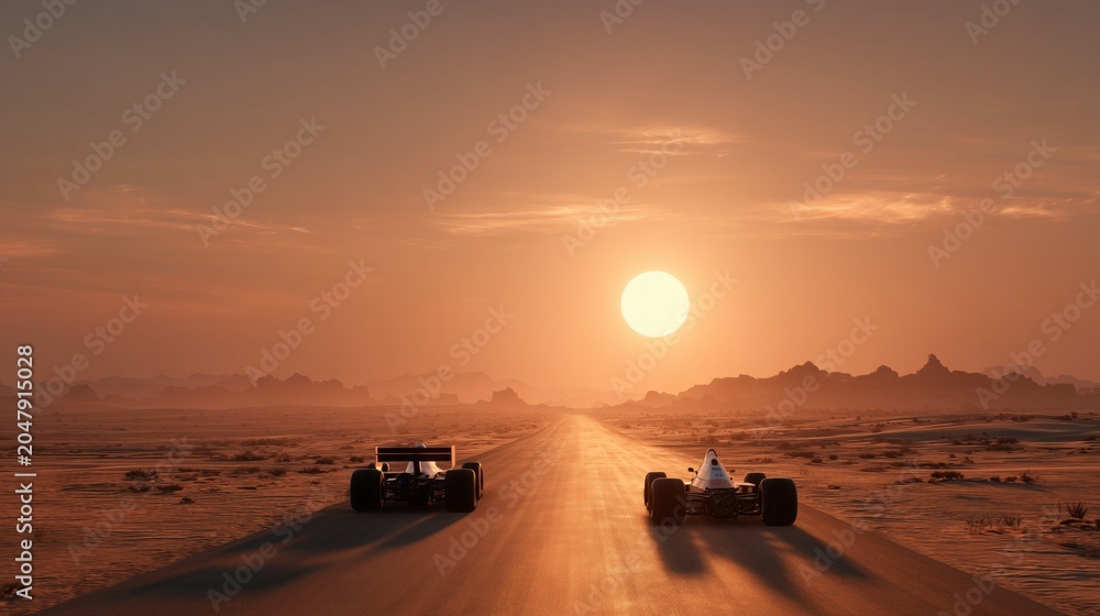 Obraz premium Two formula-style race cars driving a straight road through a vast desert during sunset in Saudi Arabia with copy space