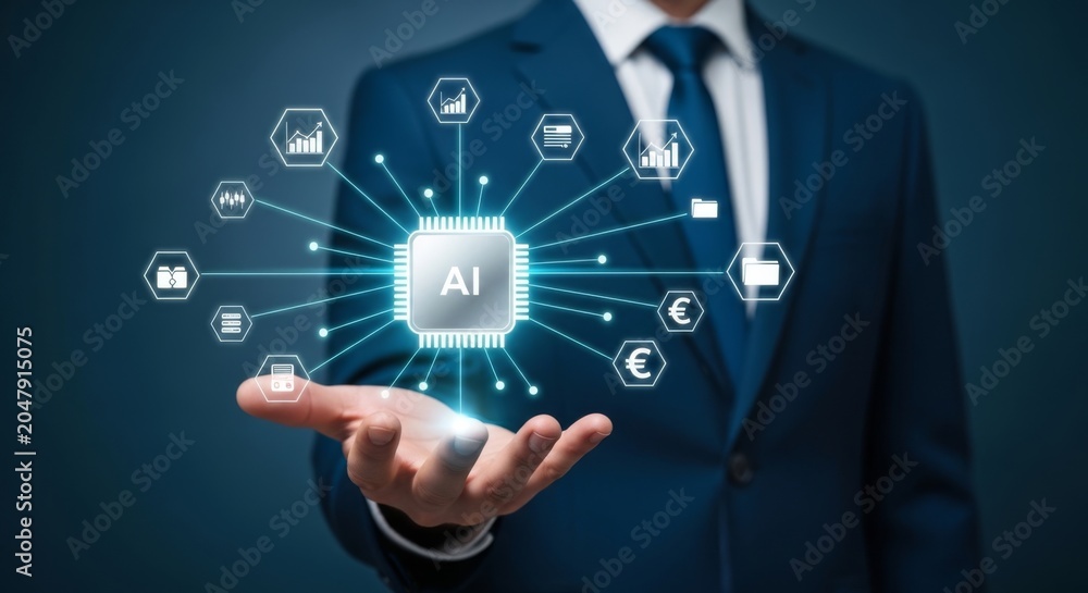 Fototapeta premium AI Financial Data Analytics and Corporate Business Management System Concept with Businessman Hand