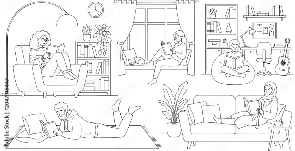 Obraz premium Diverse group of people reading books at home in various cozy rooms line art illustration.