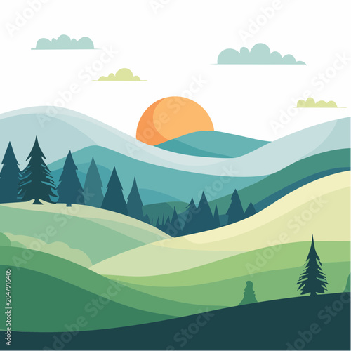 Stylized Landscape with Rolling Hills and Sun