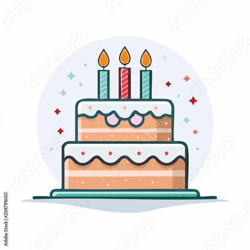 Two-tiered birthday cake with three lit candles and confetti