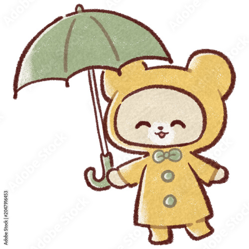 傘を差してレインコートを着たクマのイラスト