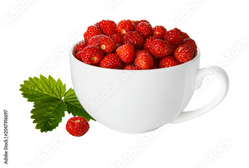 Berry wild strawberry in cup with green leaf and flower. Fruity still life. Healthy eating. Isolated. PNG.